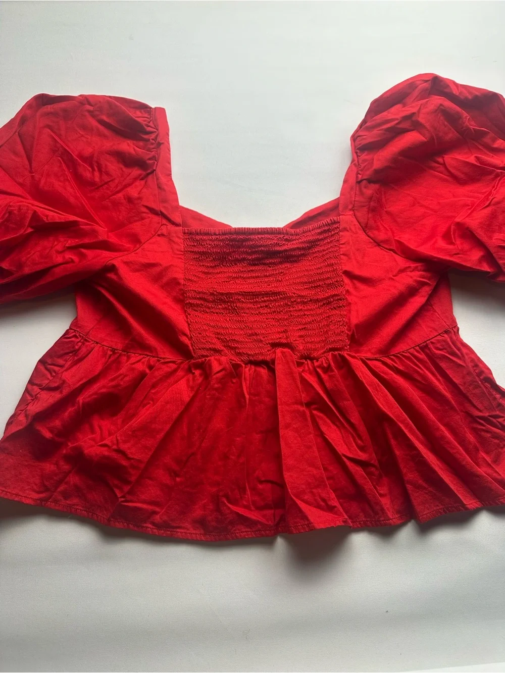 2 Old Navy Puff Sleeve Peplum Tops- Red and green blue checkered.